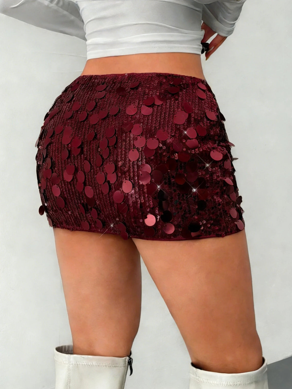 Minigonna a vita alta bordeaux con paillettes