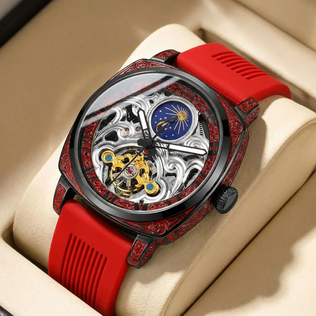 Orologio Meccanico da Uomo con Quadrante Rosso, Cinturino in Lega, Stile Vintage, Dettagli di Lusso, Ideale per Affari, Feste e Vacanze