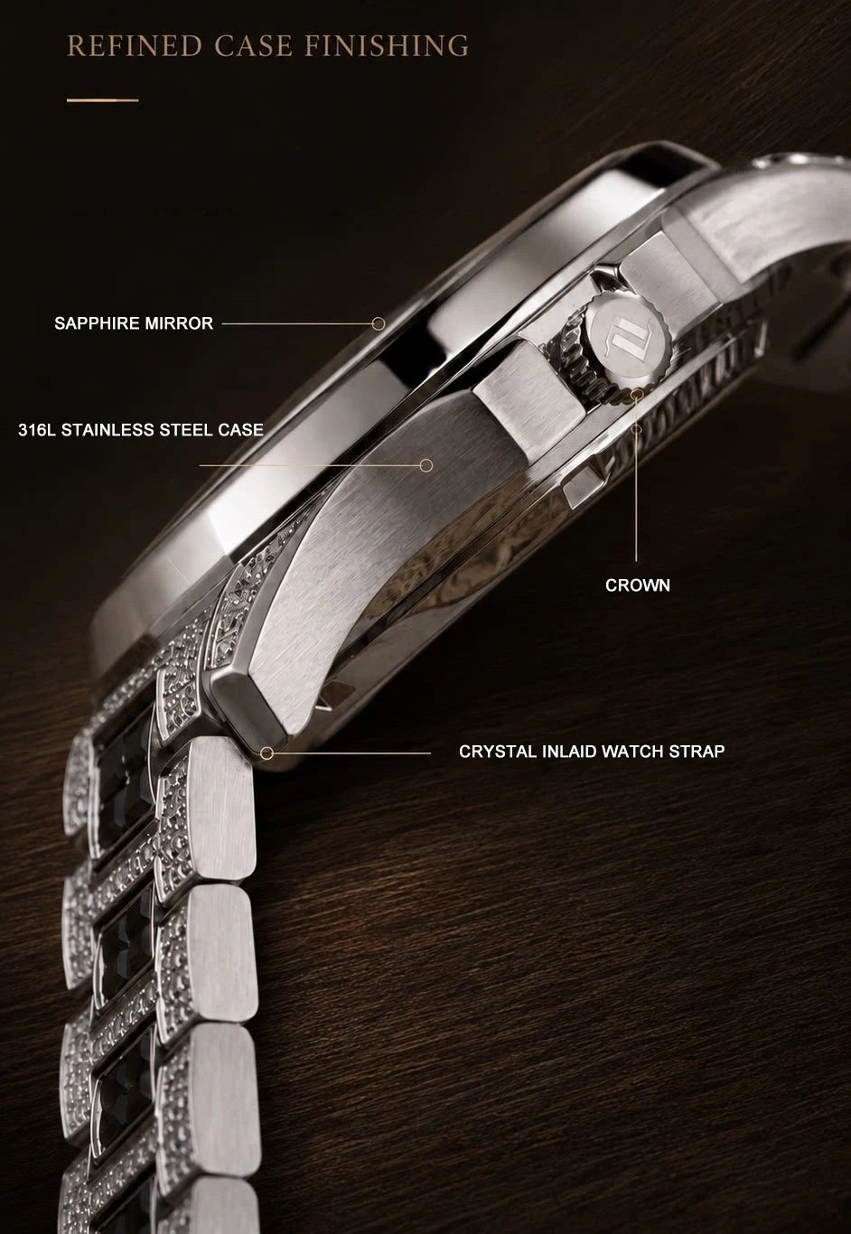 OBLVLO Orologio Automatico da Uomo 40mm Quadrato, Orologio da Polso Meccanico Impermeabile con Quadrante e Cinturino Incastonati di Cristallo, Vetro Zaffiro Luminoso