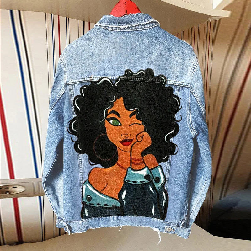 2024 autunno delle donne nuova vendita calda Street INS Net Red con la stessa ragazza giocosa Tongue Out Print Pattern giacca di jeans con risvolto