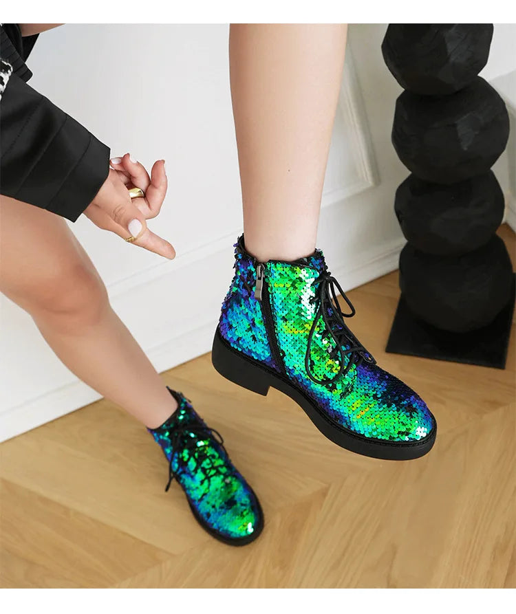 Donna Autunno Inverno Stivaletti 2024 Tendenza Comfort Casual Hip-Hop Scarpe da ballo con paillettes Club Party Donna Stivaletti stringati