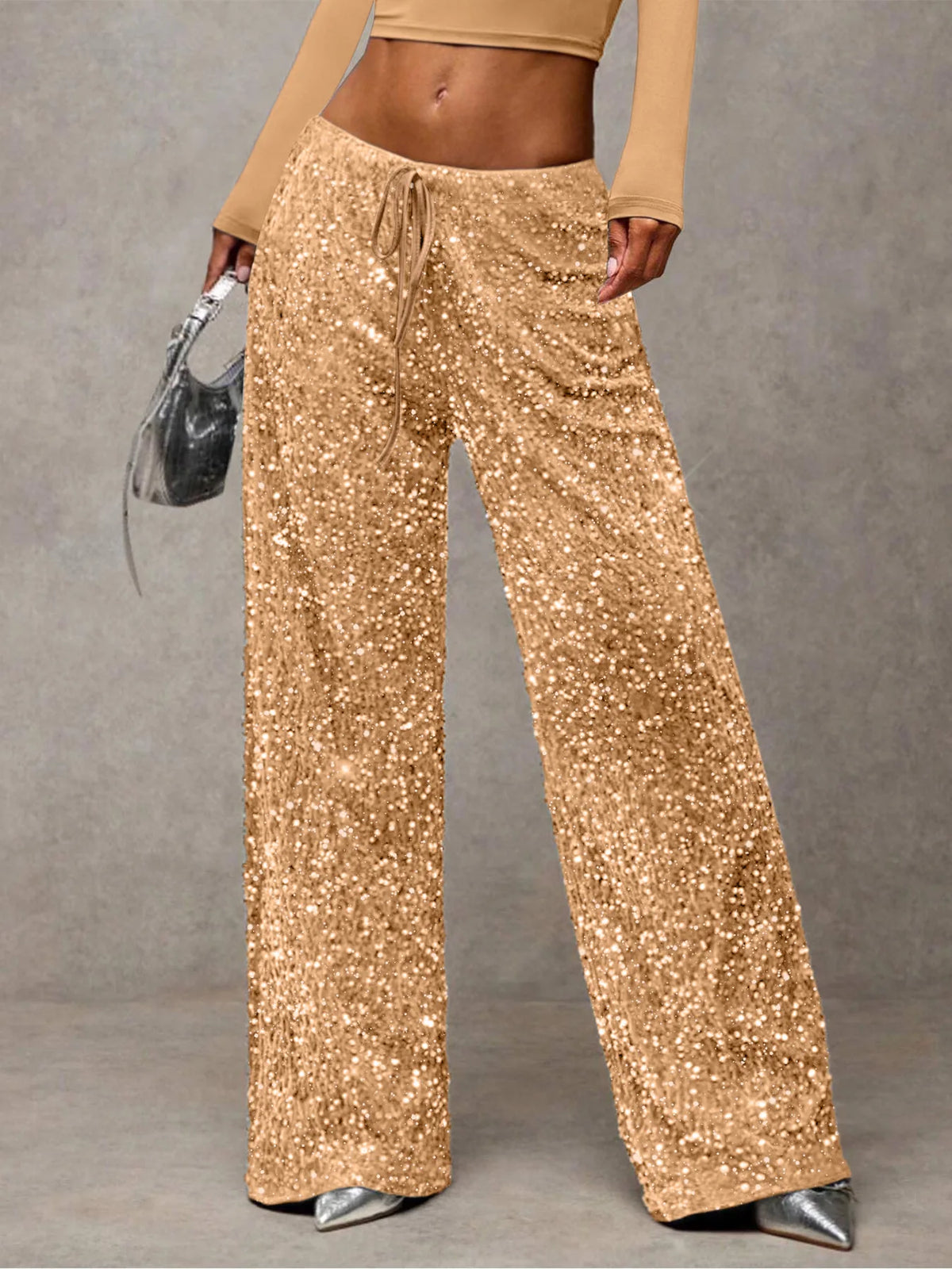 Pantaloni da donna in stile euro-americano con paillettes, coulisse alla moda, effetto snellente, nuovi, elastici, a gamba dritta.