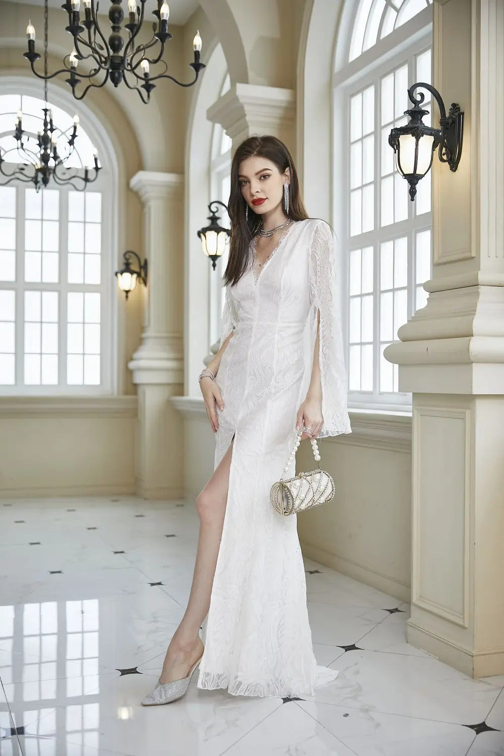 Abito in Pizzo da Donna Primavera Estate, Vestito da Damigella d'Onore, Abito da Sera per Ospiti di Matrimonio, Manica Lunga, Scollo a V, Aderente, Bordeaux