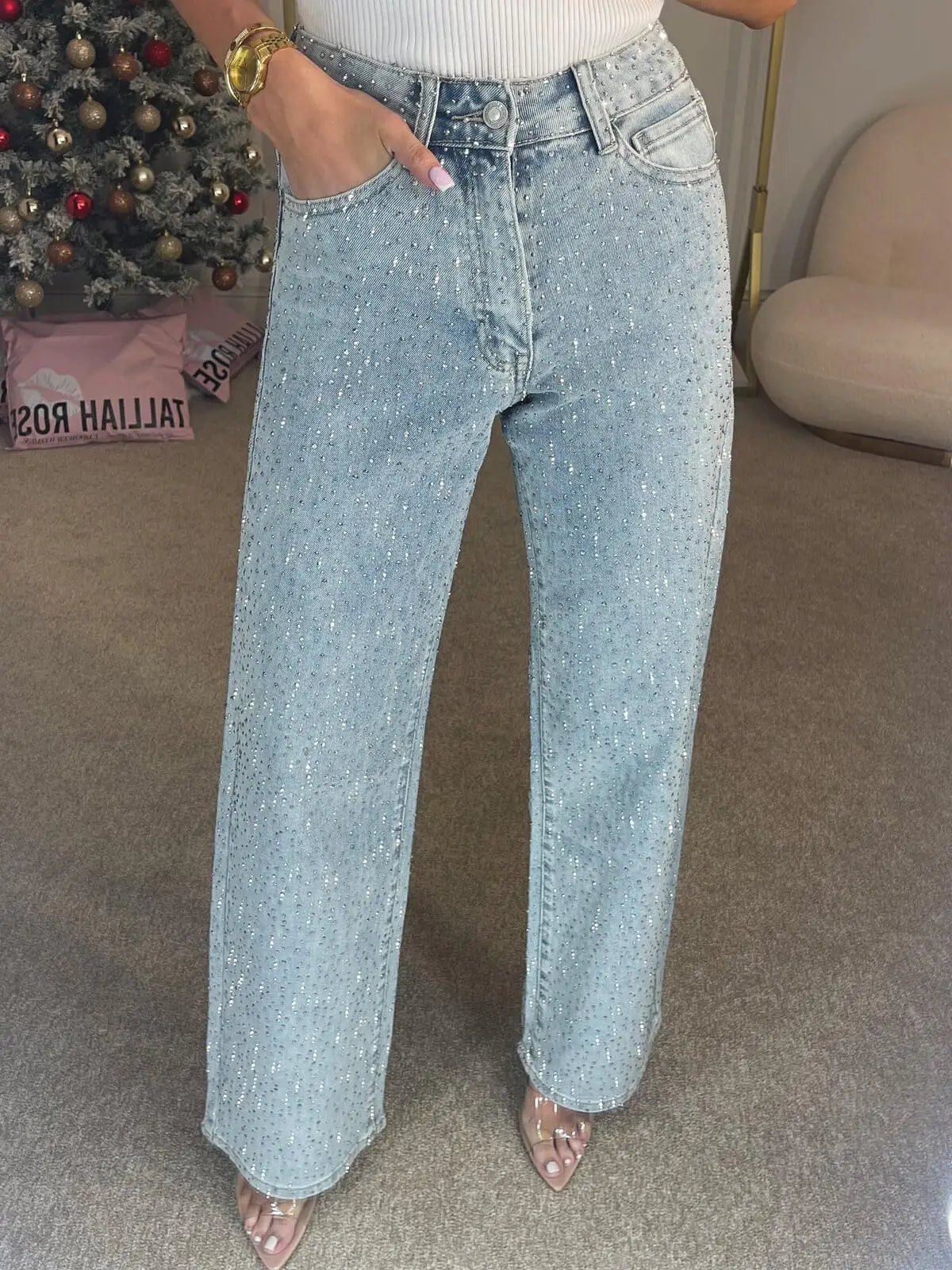 Jeans da Donna a Vita Alta con Strass, Gamba Larga, Lavaggio Chiaro, Pantaloni in Denim Scintillanti a Gamba Dritta