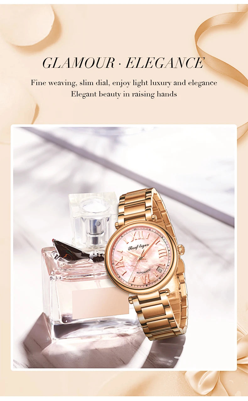 FolliFollie Orologio da donna automatico con quadrante in oro rosa e diamanti con numeri romani, cinturino in pelle, orologio da donna di lusso