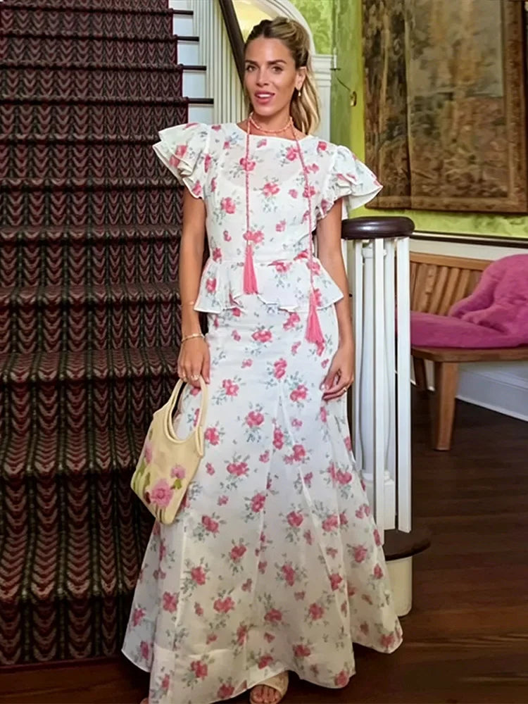 Completo coordinato gonna midi e top con volant stampato da donna, estivo, floreale, a maniche corte, girocollo, gonna a trapezio, due pezzi, novità 2026 per le vacanze
