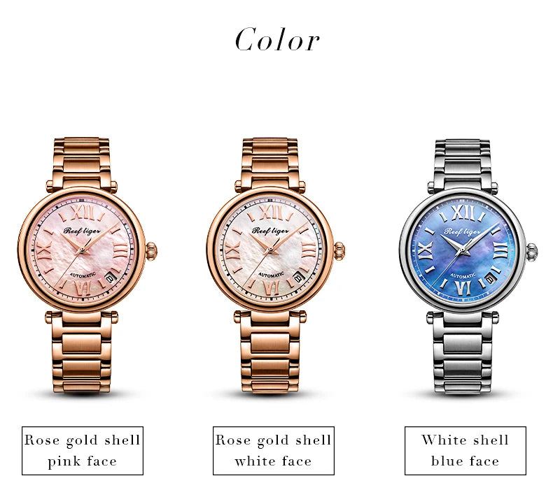 FolliFollie Orologio da donna automatico con quadrante in oro rosa e diamanti con numeri romani, cinturino in pelle, orologio da donna di lusso