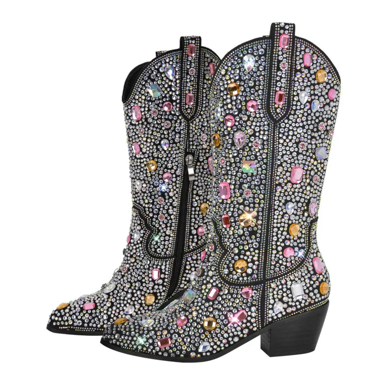Stivaletti da Donna Stile Western con Strass e Gemme, Punta Rotonda, Neri e Blu, Stivali alla Moda con Cristalli