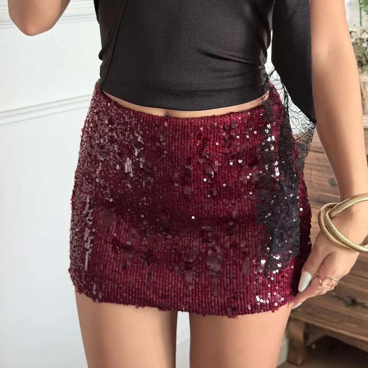 Minigonna corta scintillante a vita alta Gonna a tubino con paillettes Donne sexy Elegante tinta unita Cocktail Club Party Gonne Streetwear