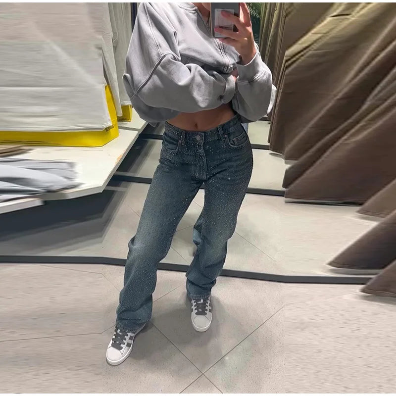 Pantaloni da donna in denim con diamanti chic Tasche a vita media con glitter alla moda Jeans femminili 2025 Pantaloni lunghi da donna di High Street primavera estate