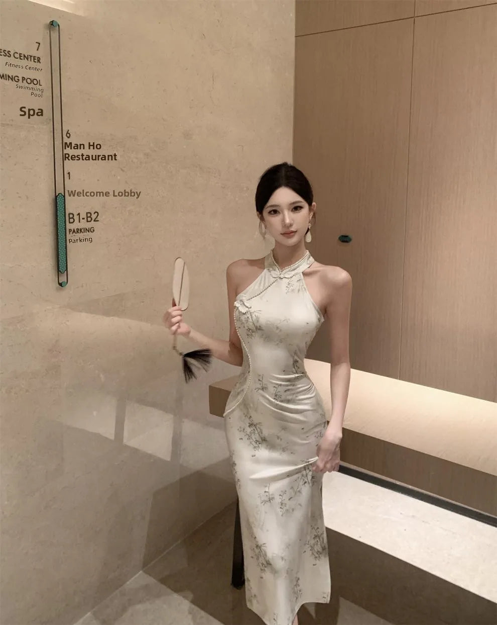 Abito lungo a vita alta senza maniche, stile retrò, con perline, modello cheongsam migliorato, aderente e snellente, per il tempo libero e il commuting.