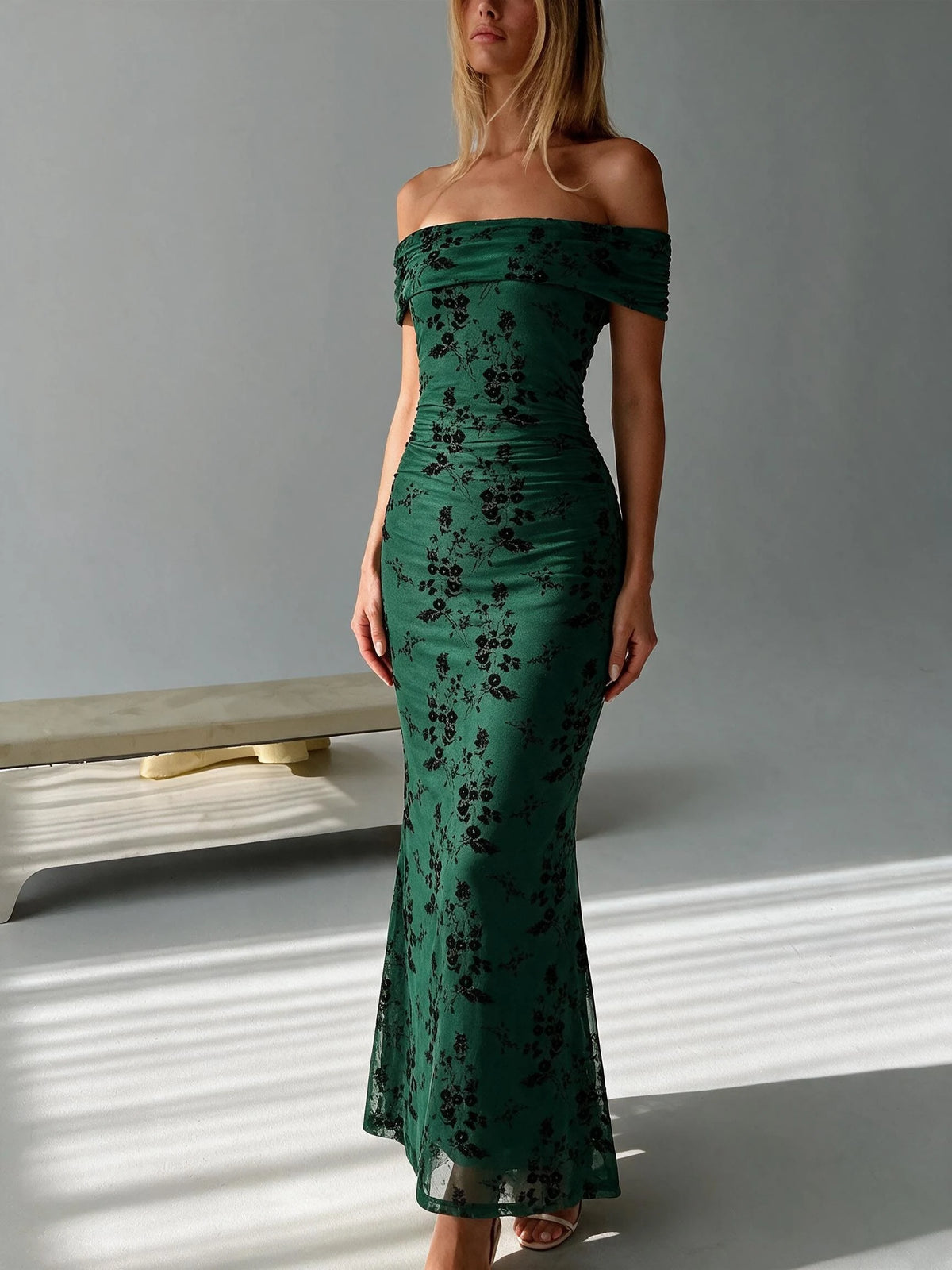 Abito lungo da donna a spalle scoperte con stampa floreale, elegante abito a sirena arricciato, abito aderente estivo da sera per feste, per signore.