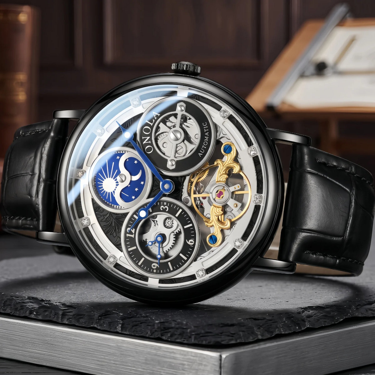 Orologio Meccanico da Uomo ONOLA, Cassa Rotonda, Quadranti Multipli, Quadrante Cavo con Fasi Lunari Giorno Notte, Regalo per Lui