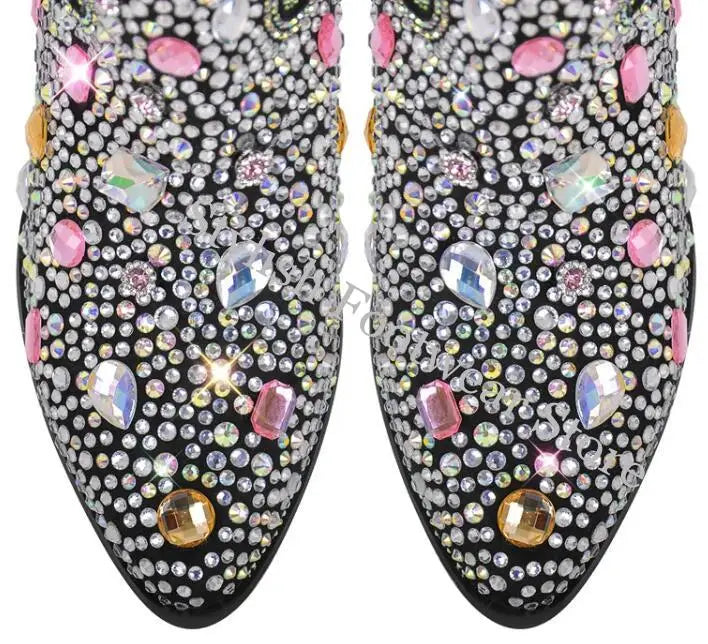 Stivaletti da Donna Stile Western con Strass e Gemme, Punta Rotonda, Neri e Blu, Stivali alla Moda con Cristalli