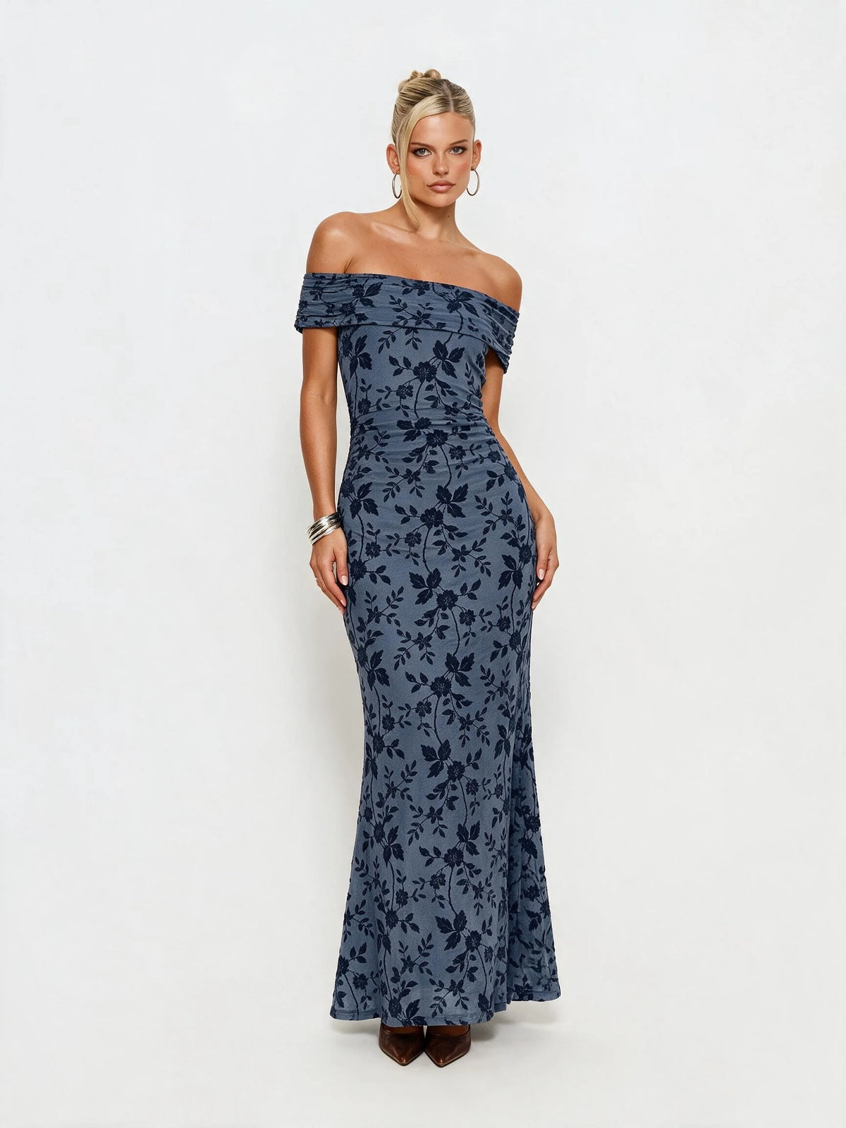 Abito lungo da donna a spalle scoperte con stampa floreale, elegante abito a sirena arricciato, abito aderente estivo da sera per feste, per signore.