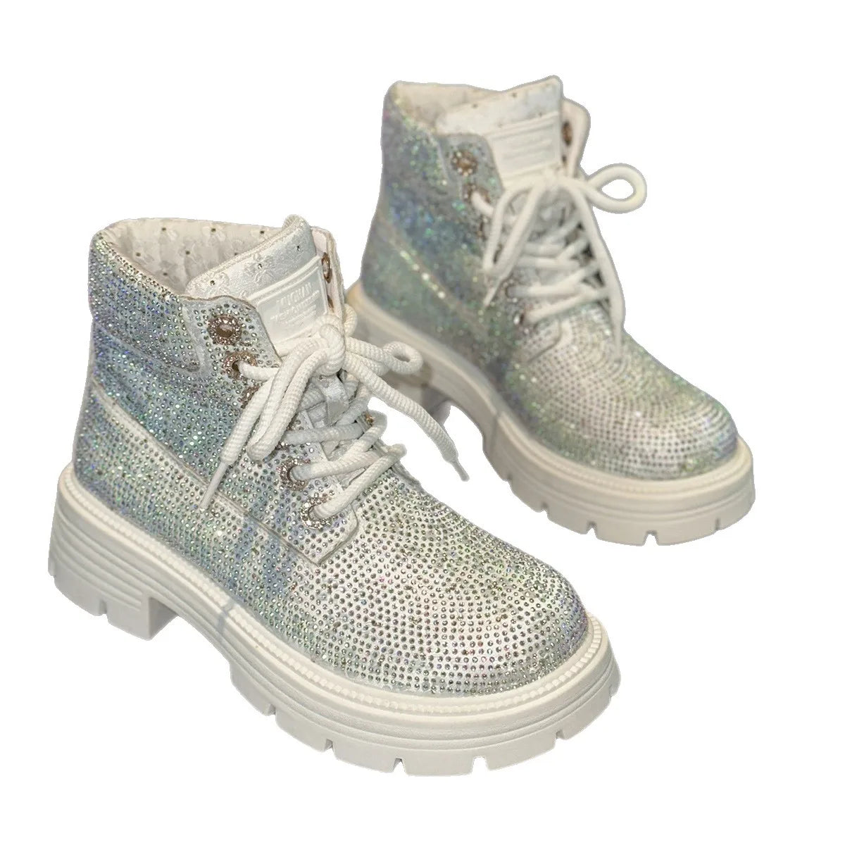 Stivaletti Retrò Autunno Inverno Nuovi con Strass e Lacci Punta Tonda Plateau Scarpe da Donna Taglie Grandi
