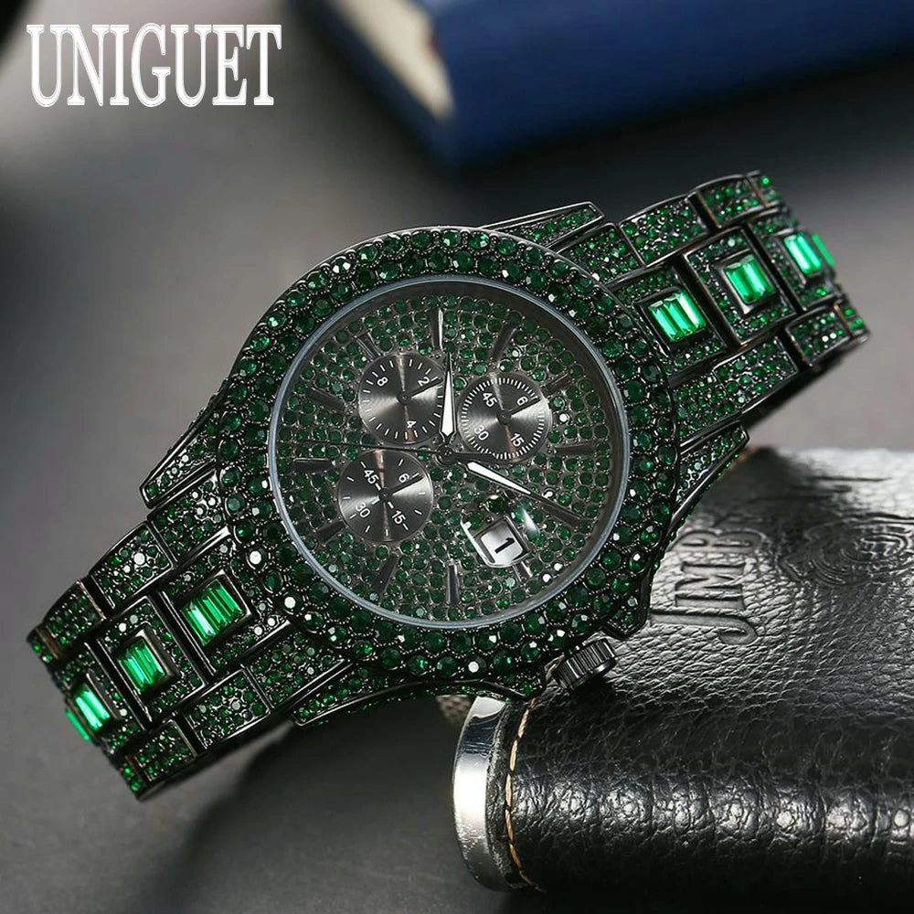 Vendita calda orologio rosso ghiaccio per uomo marchio di moda UNIGUET Hip Hop pieno di diamanti gioielli in acciaio inossidabile di lusso orologio da polso al quarzo uomo