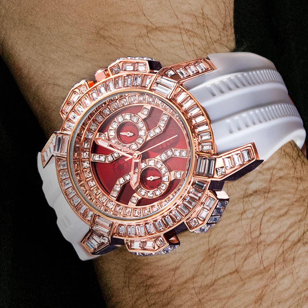 MISSFOX Nuovo Orologio Al Quarzo Rosso Per Gli Uomini di Lusso Hip Hop Streetwear Orologio Impermeabile Orologi Con Diamanti Orologi Da Polso Da Uomo Al Quarzo AAA