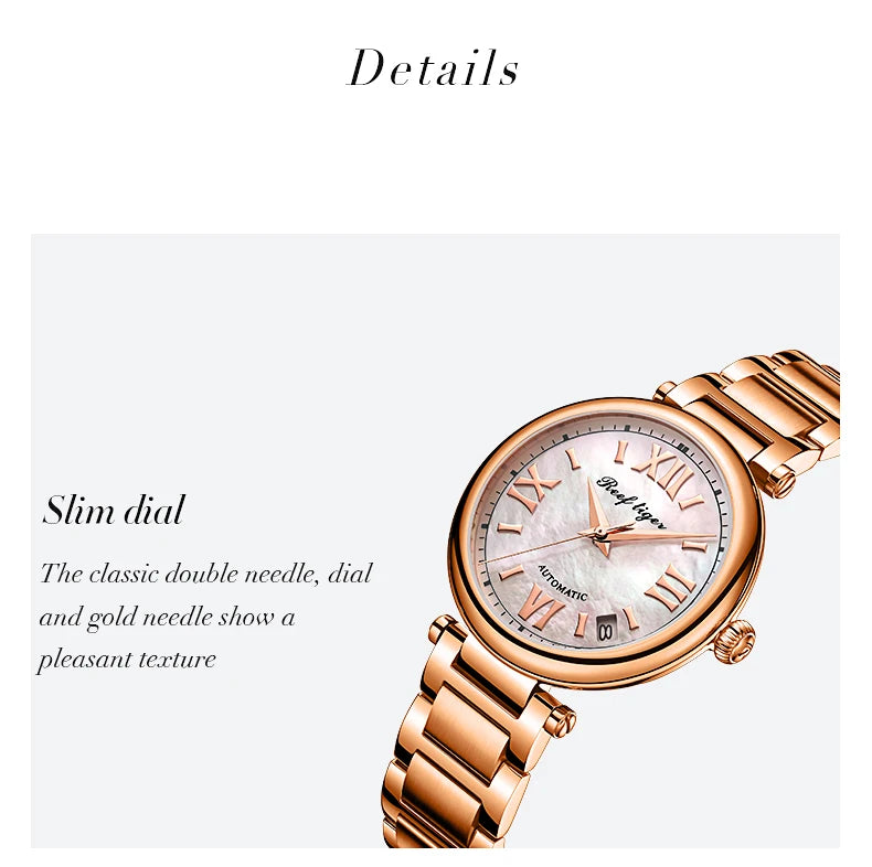 FolliFollie Orologio da donna automatico con quadrante in oro rosa e diamanti con numeri romani, cinturino in pelle, orologio da donna di lusso