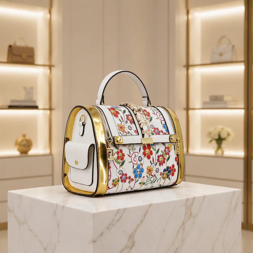 Borsa da donna con stampa di fiori e piante alla moda Borsa da donna con cuscino con cuciture intelligenti Borsa da donna di grande volume Borsa a spalla singola