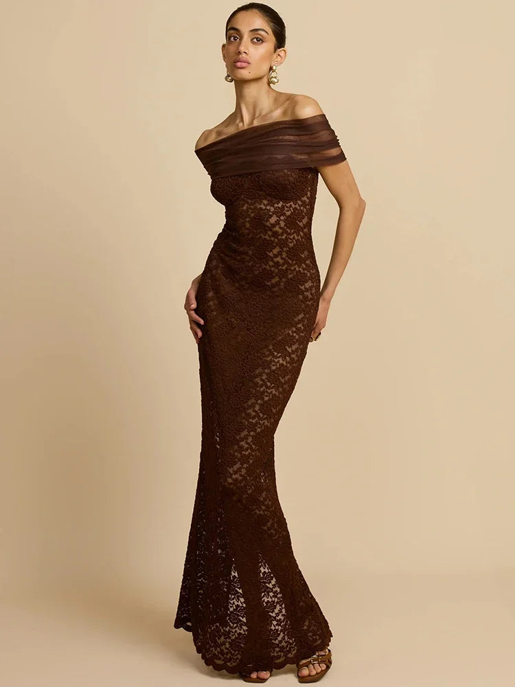Abito lungo sexy senza schienale con spalle scoperte in pizzo Abito da donna Elegante abito da club aderente diviso senza spalline senza spalline