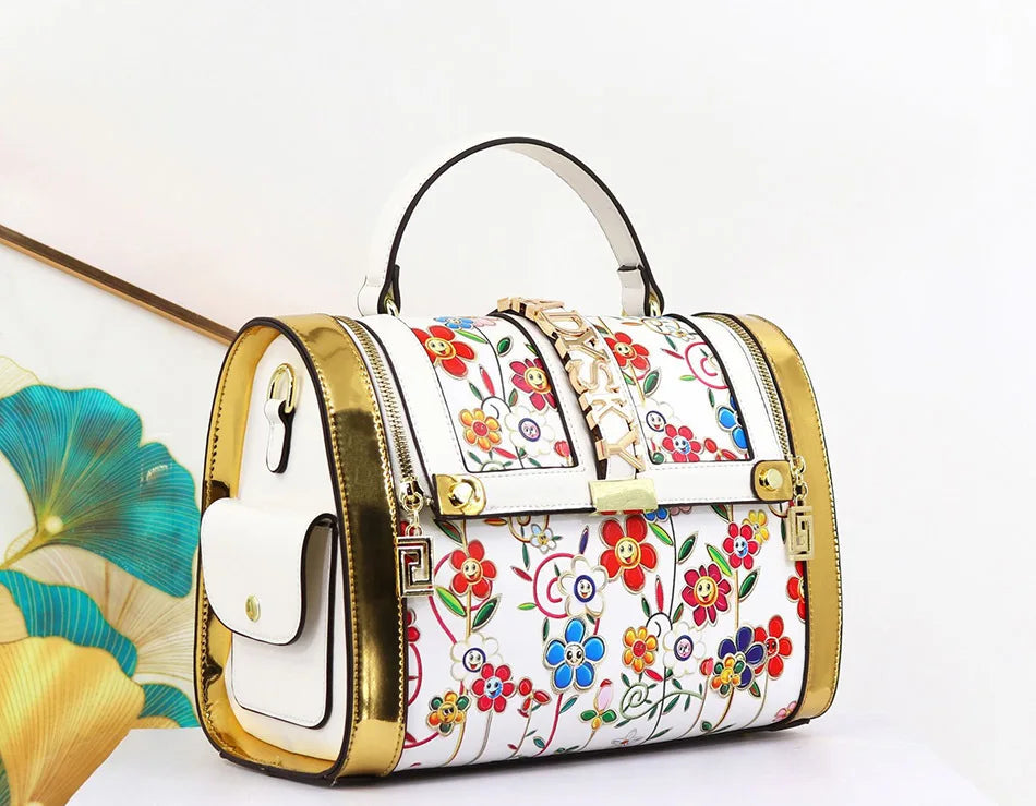 Borsa Boston da Donna con Stampa, Borsa a Spalla Grande Capacità, Borsa a Tracolla con Doppia Cerniera, Stile Mezza Copertura, Borsa con Manico Superiore