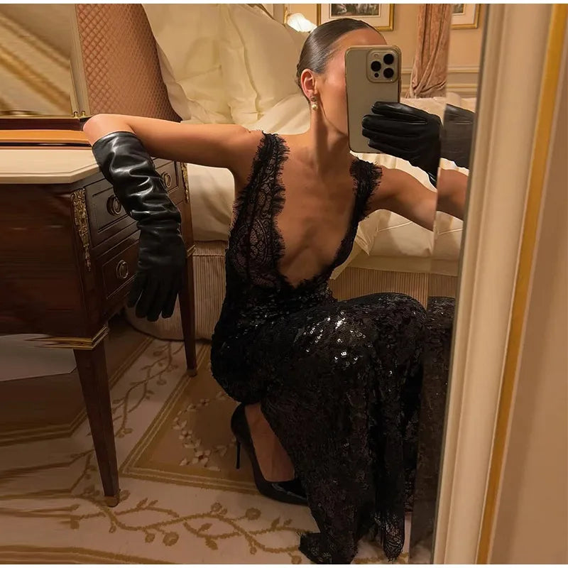 Sexy profondo scollo a V patchwork di pizzo con paillettes abito lungo da donna sottile senza maniche backless hip pacchetto abiti 2026 primavera abito da festa della signora