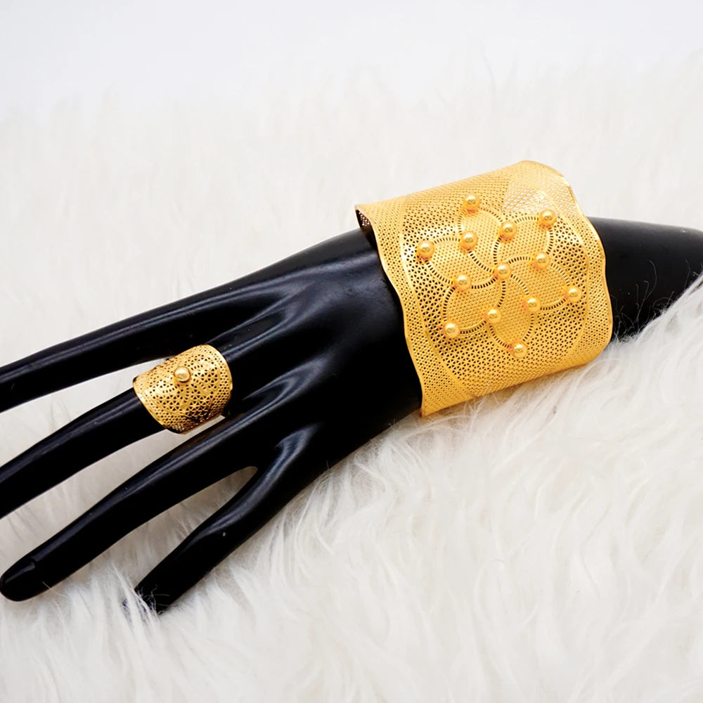 Bracciale color oro Dubai con anello per donna Bracciale con polsino a catena con ciondoli Bracciale indiano Arabo Francia Regali di gioielli da sposa