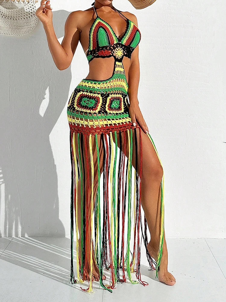 Copricostume da donna estivo all'uncinetto con scollo a V profondo, costume da bagno multicolore, bikini lungo con nappa, abito in maglia, copricostume, costumi da bagno senza schienale
