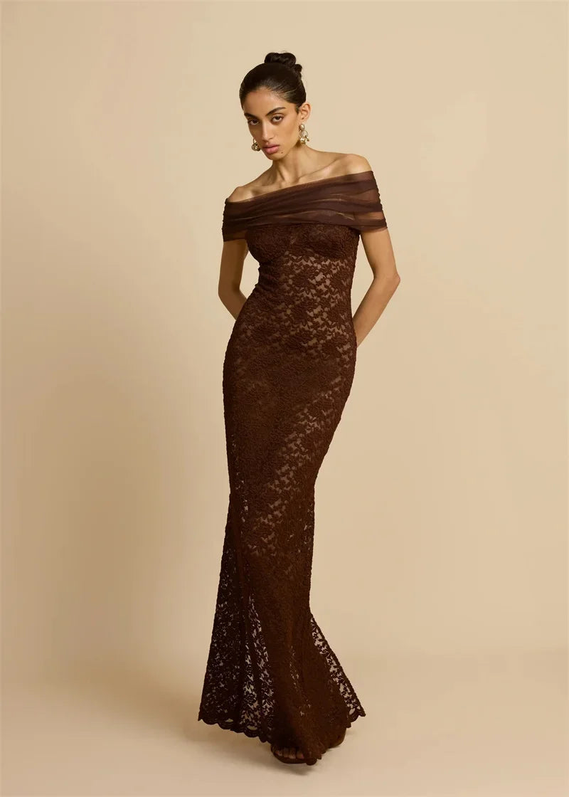Abito lungo sexy senza schienale con spalle scoperte in pizzo Abito da donna Elegante abito da club aderente diviso senza spalline senza spalline