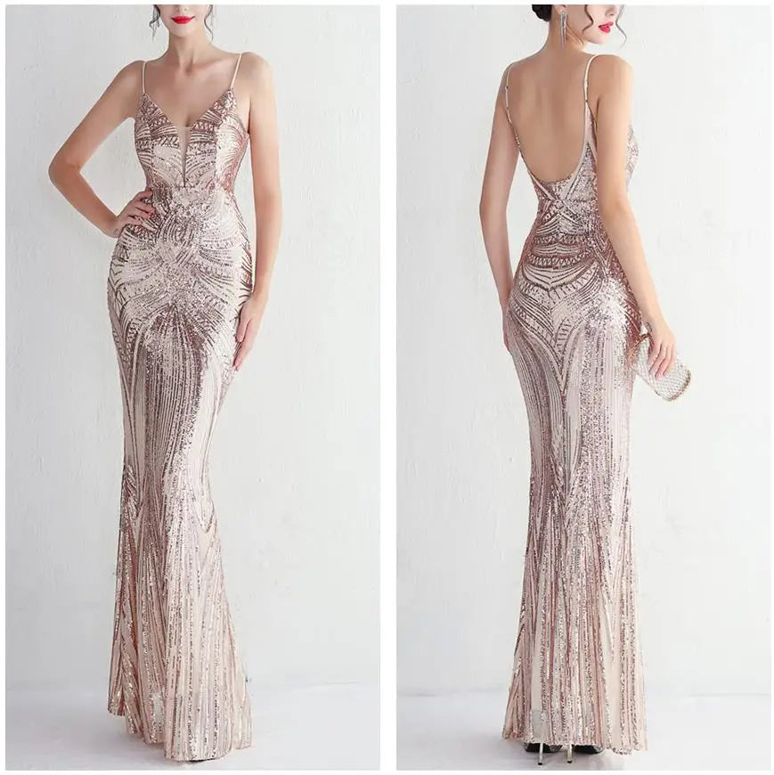 Abito da sera lungo nero semplice con paillettes, modello a sirena, spalline sottili, scollo a V, senza schienale, elegante per feste