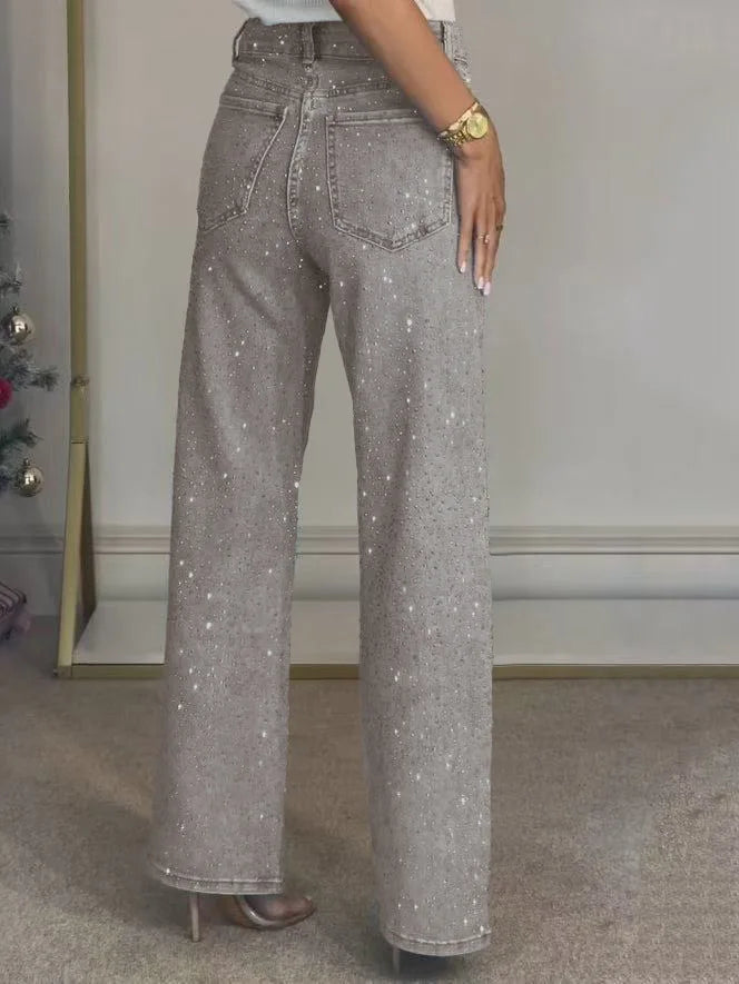 Pantaloni jeans con strass lucidi Pantaloni dritti in denim con diamanti da donna sexy a vita alta eleganti da night club