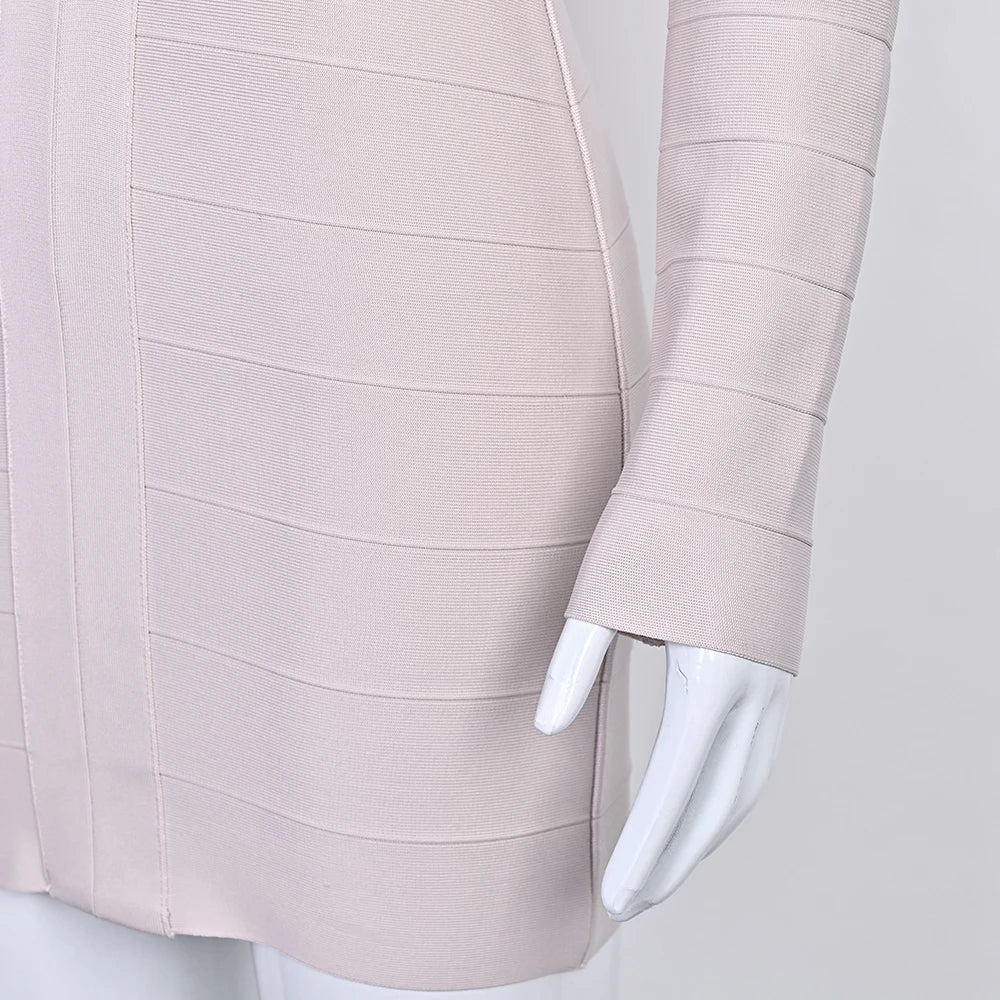 BEAUKEY Abito da Sera Sexy Mini con Scollo a V Profondo e Maniche Lunghe Beige, Vestito da Festa con Fasce, Abito da Clubwear Lungo Stile Runway