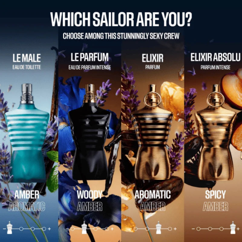 Collezione Completa Jean Paul Gaultier Le Male per Uomo |   Le Male Original / Elixir / Le Parfum Intense / Le Beau Paradise Garden Linea Completa |   Colonia legnosa, ambrata e alla lavanda a lunga durata, profumo di lusso,