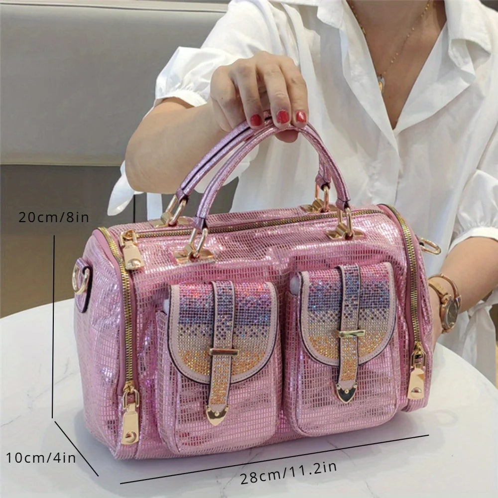 Borsa a tracolla da donna alla moda ed elegante, impreziosita da diamanti, con più tasche, borsa leggera, lussuosa e brillante