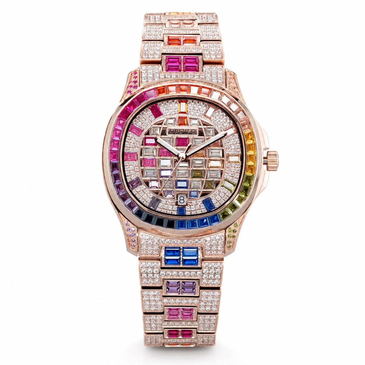 OBLVLO Orologio Automatico da Uomo 40mm Quadrato, Orologio da Polso Meccanico Impermeabile con Quadrante e Cinturino Incastonati di Cristallo, Vetro Zaffiro Luminoso