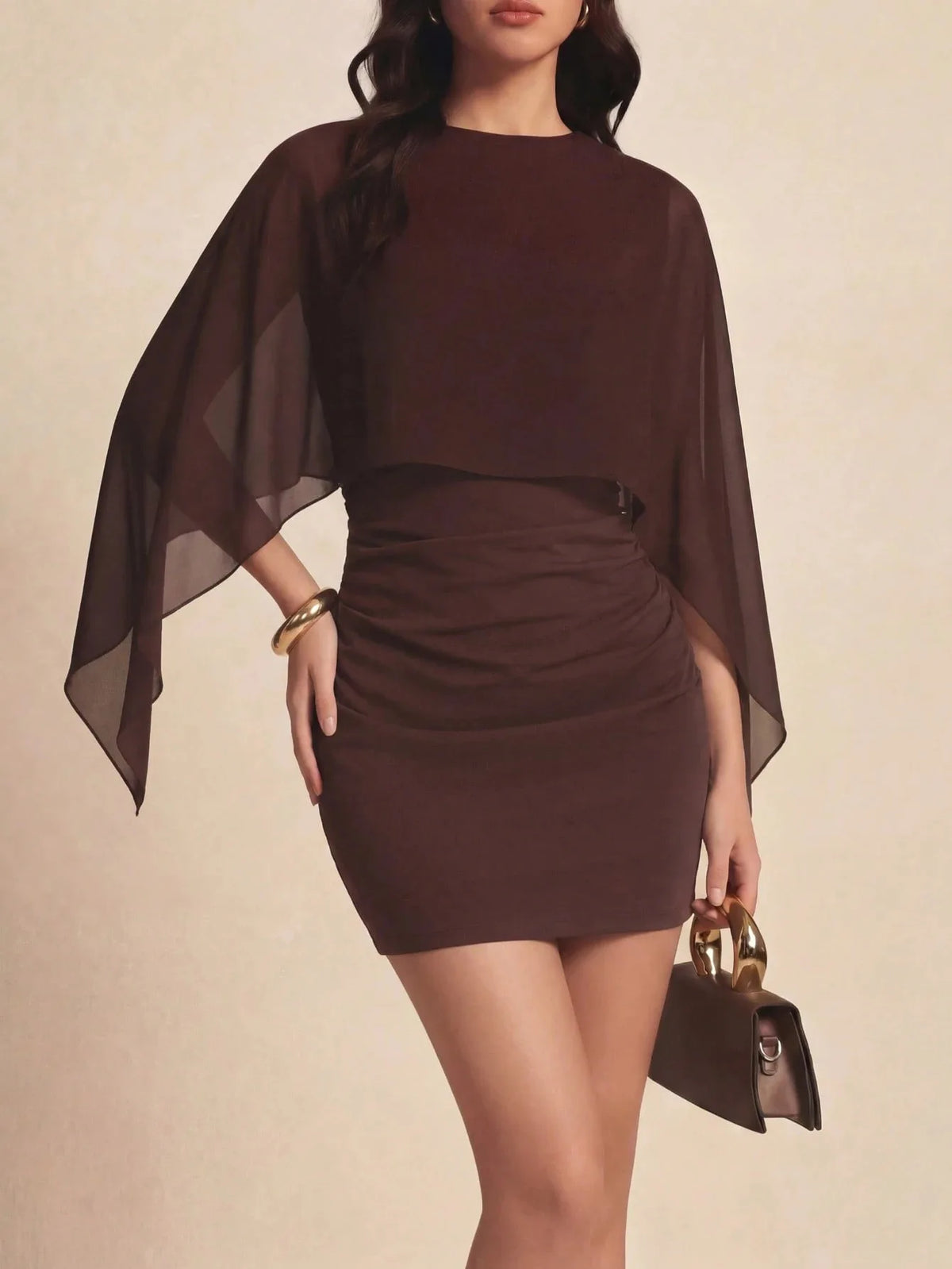Abito Mini da Donna Autunnale con Scollo Rotondo e Maniche a Mantella, Aderente, con Sovrapposizione in Chiffon Trasparente, Vita Arricciata, Elegante per Feste e Club, Abiti Casual