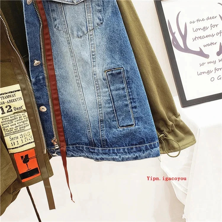 Cappotto giacca di jeans patchwork a contrasto di colore donna autunno moda lettera allentata stampa capispalla Chaquetas Mujer giacca di jeans femminile