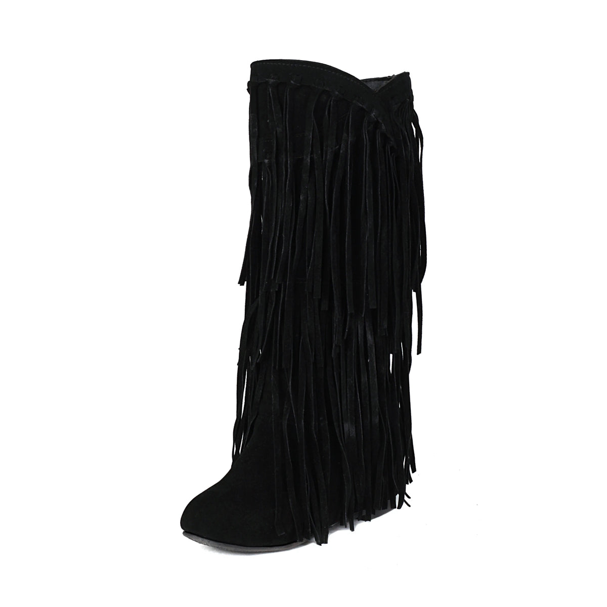 Scarpe da donna primavera e autunno moda nuovo stile Sexy stivali da donna al ginocchio floccato punta tonda frangia alta 3cm plus size 34-48