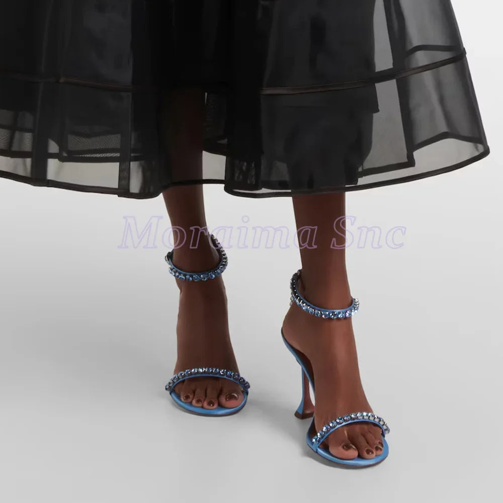 Sandali in Raso con Dettagli in Cristallo, Punta Rotonda, Cinturino alla Caviglia, Scarpe Eleganti da Donna Sexy e alla Moda, Blu Solido per Banchetti Estivi