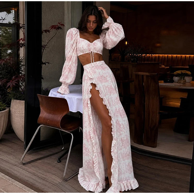 Completo gonna lunga floreale slim da donna con top corto a maniche lunghe e scollo quadrato, gonna lunga con spacco alto, outfit da spiaggia per le vacanze 2026