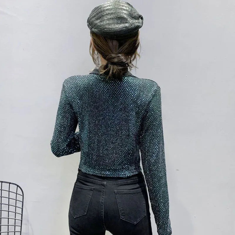Giacca Autunnale da Donna, Nuova Giacca Corta con Paillettes, Moda Femminile, Manica Lunga, Design Elegante, Camicia Sexy