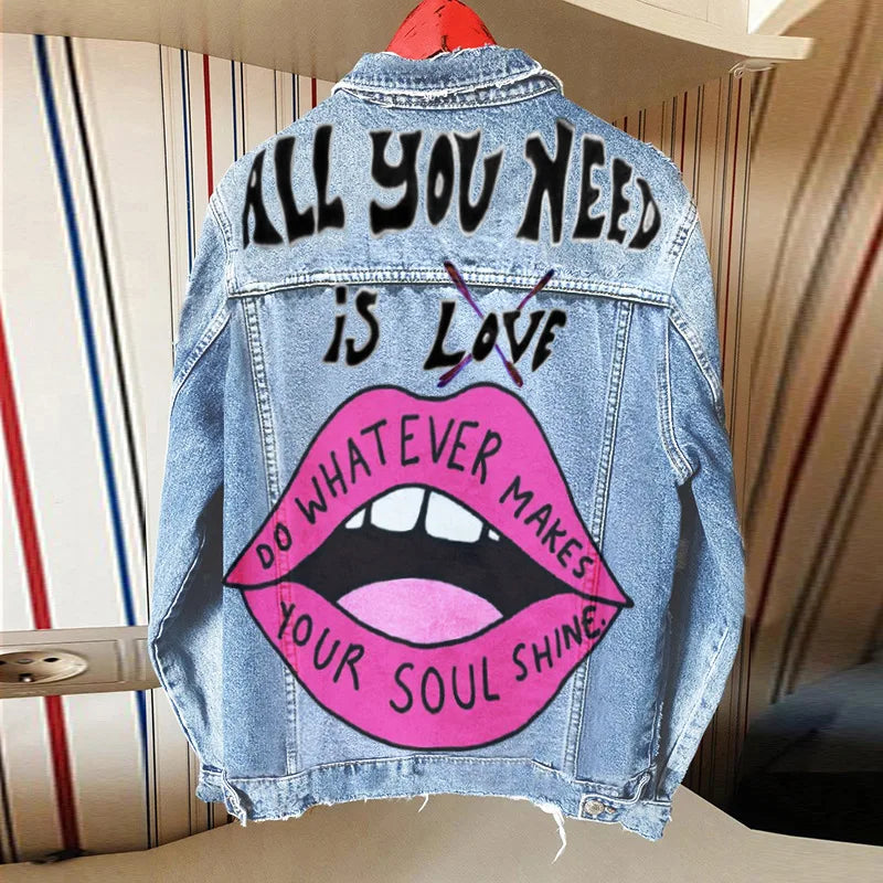 Stylegiacca di jeans da donna 2024 nuova stampa da donna Fashion Street Girl giacca di jeans manica lunga con risvolto spalla scesa autunno e Wint