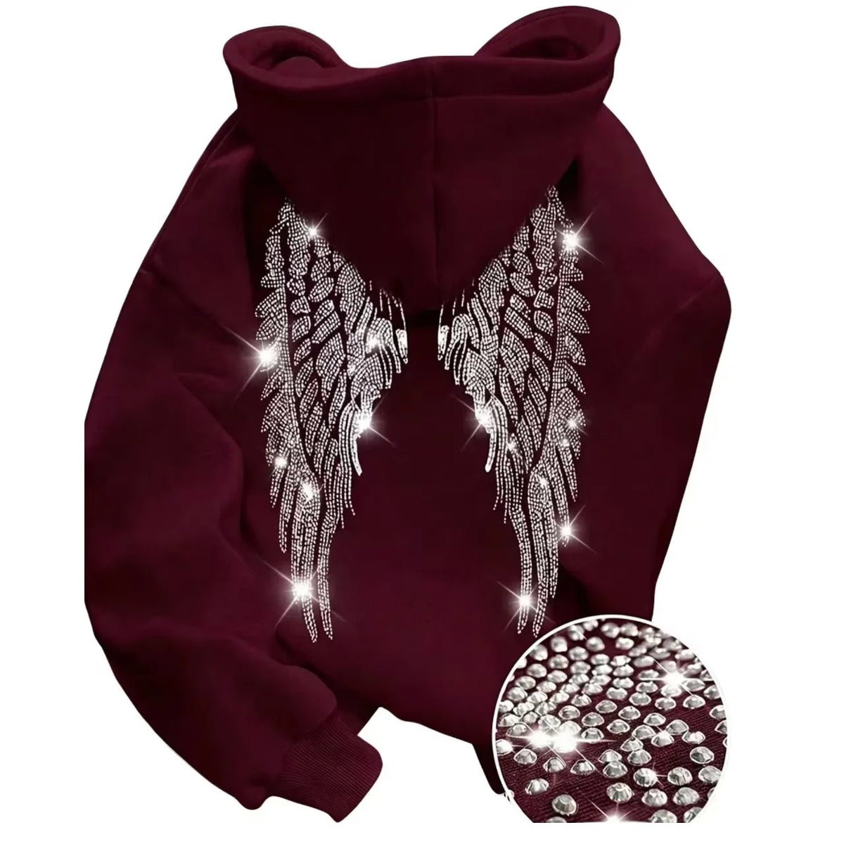 Felpa con cappuccio casual e ampio, design minimalista di tendenza 2026 con ali e strass, giacca pullover