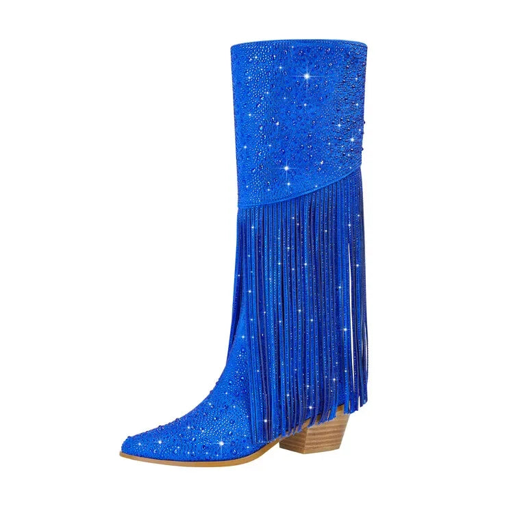 2024 nuovi stivali Chelsea al ginocchio con strass con cerniera nappe a punta moda lucida stivali da donna europei e americani 35-43