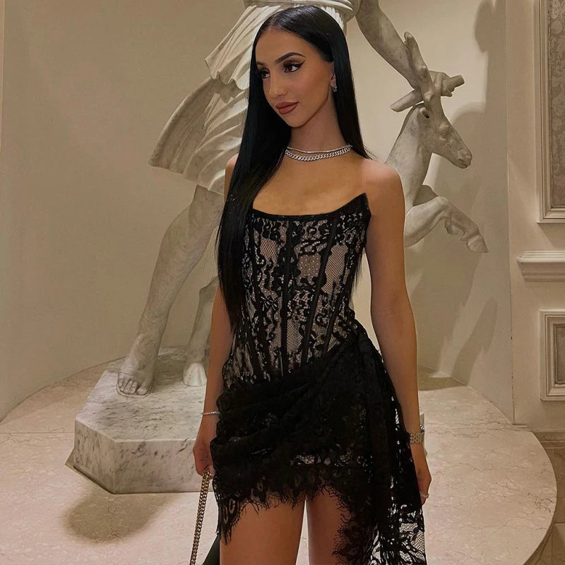 Abito Sexy Senza Spalline in Pizzo con Stecche, Vestito Mini con Schiena Scoperta e Spalle Scoperte, Patchwork Plissettato, Outfit da Sera per Signora 2026
