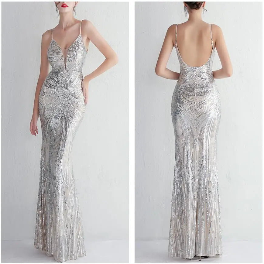 Abito da sera lungo nero semplice con paillettes, modello a sirena, spalline sottili, scollo a V, senza schienale, elegante per feste