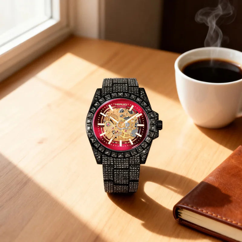 Splendido orologio meccanico da uomo nero e rosso in edizione limitata con tourbillon completamente automatico e cielo stellato