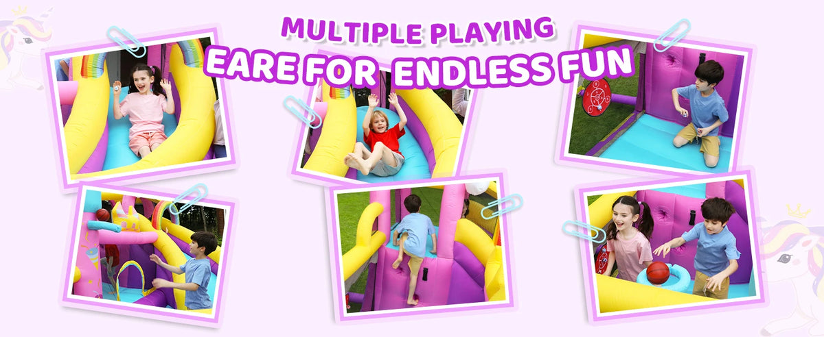 Inflatable Bounce House 5 in 1 Unicorn Wide Slide Jumping Castle for Kids Backyard Ball Pit Climbing Wall Basketball Hoop