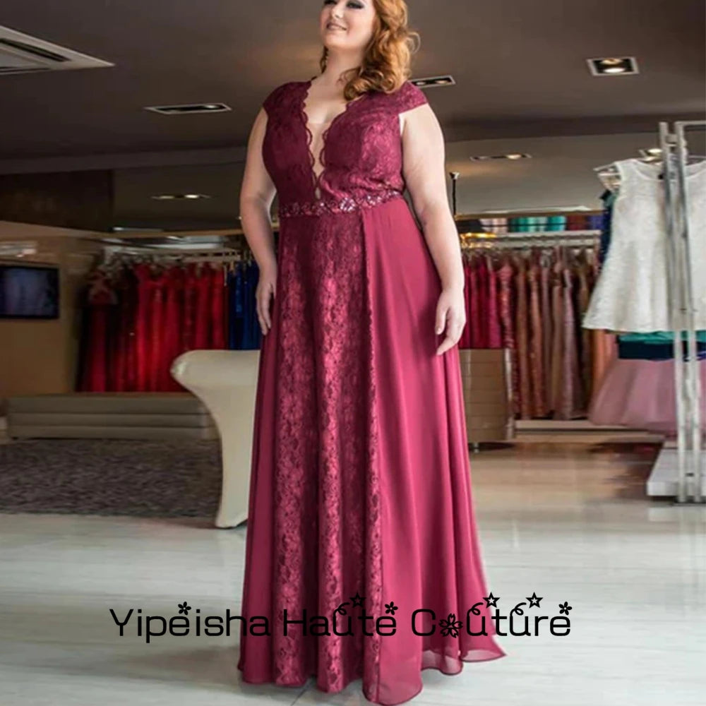 Yipeisha Abiti da madre della sposa taglie forti bordeaux con scollo a V in pizzo, abiti da cerimonia nuziale 2022, nuovo abito estivo da donna con maniche a cappuccio